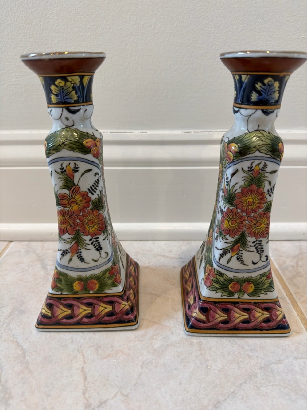 Decorative Floral Ceramic Candlesticks - White and Multicolor